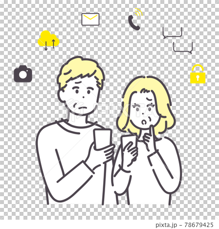 スマートフォンの操作に悩むシニア男女のイラスト スマートフォンの操作に悩むシニア男女のイラスト 78679425