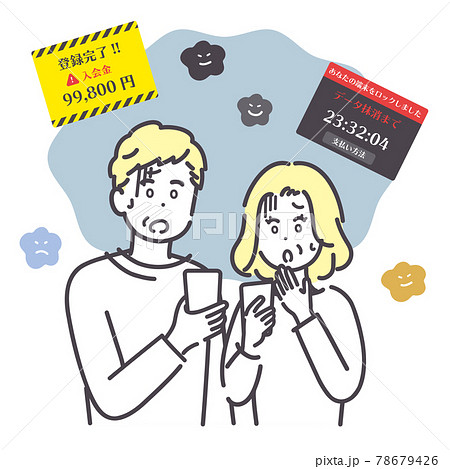 スマートフォン詐欺の表示に驚くシニア男女のイラスト スマートフォン詐欺の表示に驚くシニア男女のイラスト 78679426