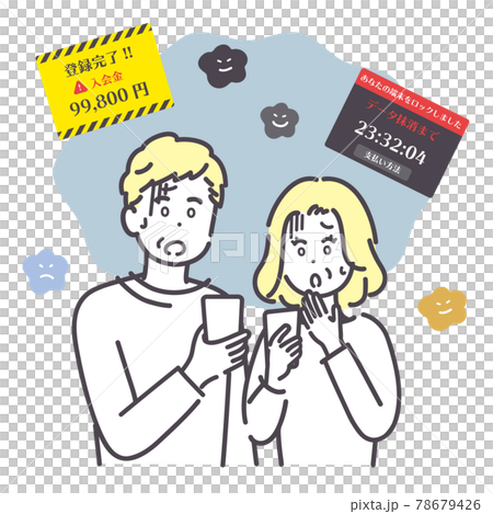 スマートフォン詐欺の表示に驚くシニア男女のイラスト スマートフォン詐欺の表示に驚くシニア男女のイラスト 78679426
