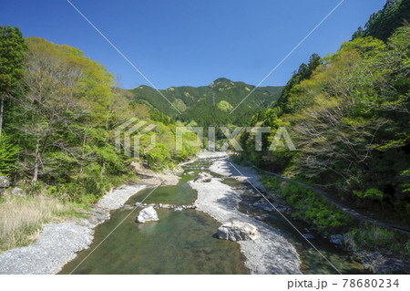 新緑の御岳渓谷 多摩川に架かる吊り橋神路橋からの上流側の風景 新緑の御岳渓谷 多摩川に架かる吊り橋神路橋からの上流側の風景 78680234
