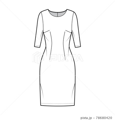 Dress sheath technical fashion illustration with elbow sleeves, fitted body, knee length pencil skirt Flat apparel front 78680420