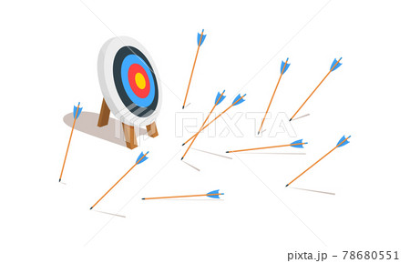 Archery target ring with many missed arrows. Business goal failure symbol. Mistake strategy concept. Vector cartoon illustration 78680551