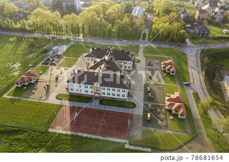 Aerial view of new prescool building in residential rural area. Aerial view of new prescool building in residential rural area. 78681654