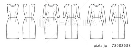 Set of Dresses sheath technical fashion illustration with long elbow short sleeves sleeveless, fitted body, knee length 78682688