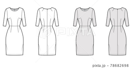Dress sheath technical fashion illustration with natural waistline, fitted body, knee length pencil skirt Flat apparel 78682698