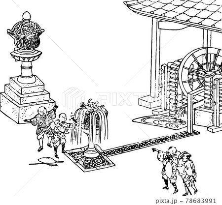 水車を使った噴水のイラスト素材