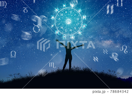 Astrological zodiac signs inside of horoscope circle. Illustration of Woman silhouette consulting the stars and moon over the zodiac wheel and milky way background. The power of the universe concept. 78684342