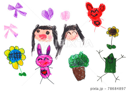 子供が描いたひまわりとカエルと女の子とウサギとクマさんのイラスト素材