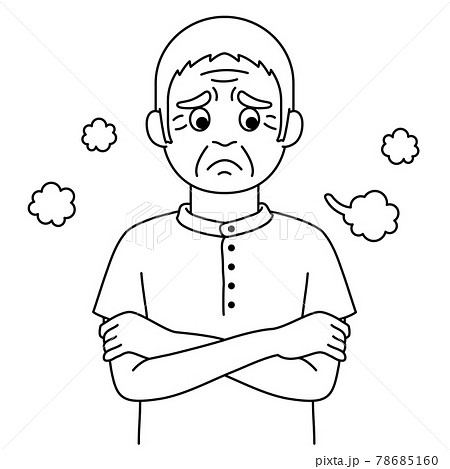 溜息をついている高齢者の白黒イラスト おじいさん のイラスト素材
