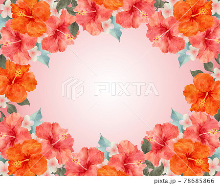 水彩のハイビスカスの花フレーム 背景付きのイラスト素材