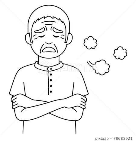 両腕を組んで溜息をついている高齢者【白黒イラスト】 78685921