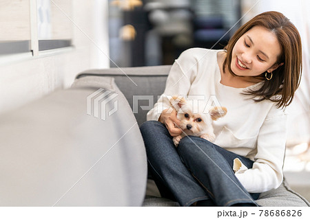 小型犬と暮らす若い女性 78686826