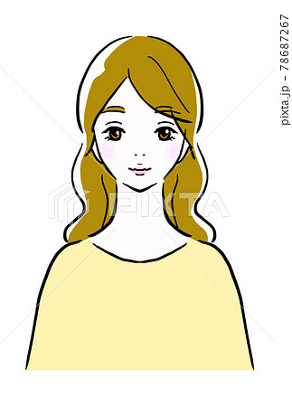 正面を向いて微笑む若い女性の線画イラストのイラスト素材