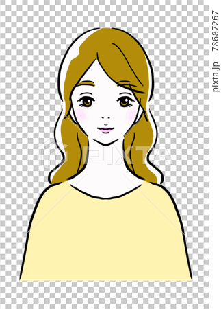 正面を向いて微笑む若い女性の線画イラストのイラスト素材