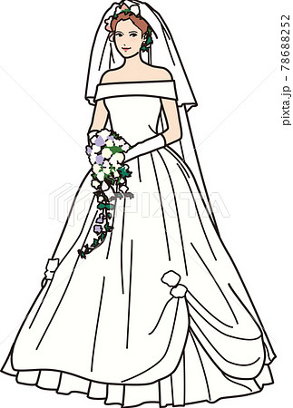 ウェディングドレスを着た女性全身 オフショルダーのイラスト素材