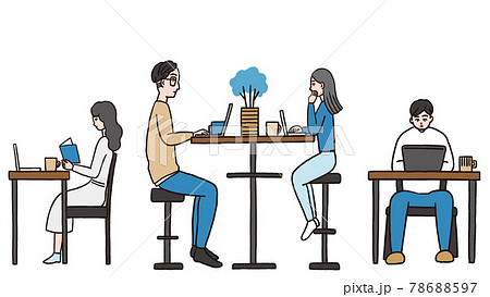 カフェでパソコン作業をしている若い男女 78688597