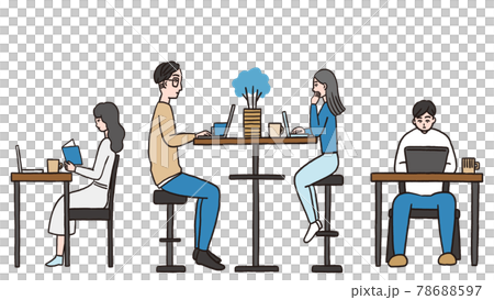 Young men and women working on computers in a cafe 78688597