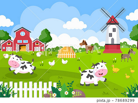 Cute Cartoon Farm Animals Vector Illustration With Cow, Horse, Chicken, Duck, or Sheep. For Postcard, Background, Wallpaper, and Poster Cute Cartoon Farm Animals Vector Illustration With Cow, Horse, Chicken, Duck, or Sheep. For Postcard, Background, Wallpaper, and Poster 78689299
