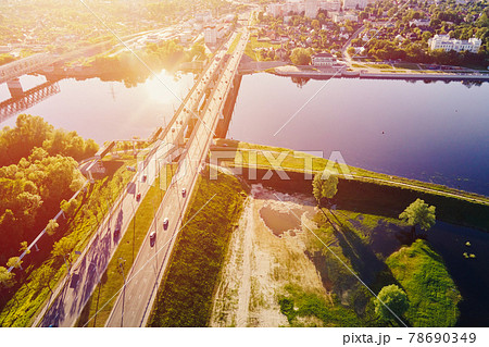 Bridge over Sozh river in Gomel, Belarus. Aerial view 78690349