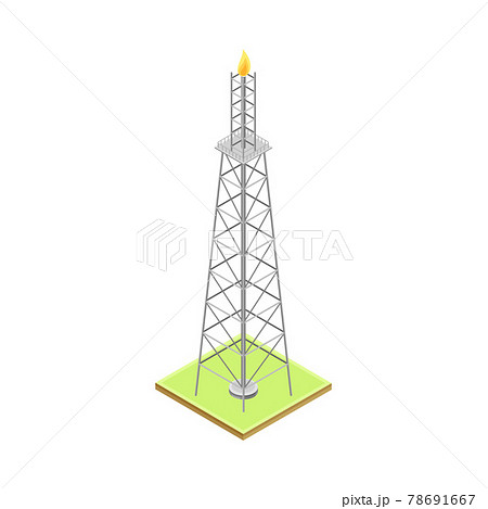 Gas Flare or Flare Stack as Gas Combustion Device at Petroleum Refinery Station Isometric Vector Illustration 78691667