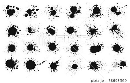 Ink splatter. Grunge liquid paint splashes and stains. Black ink blots, stains, blobs, drops. Abstract messy spatter texture vector set 78693569