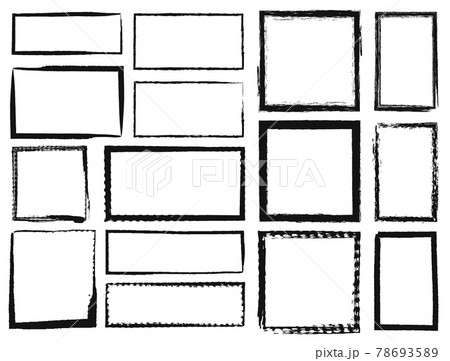 Grunge frames. Textured square and rectangle borders. Dirty grungy black photo frame texture, rough ink brush stroke border vector set 78693589