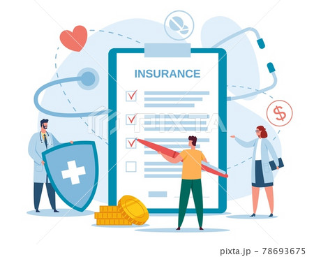 Health insurance. Doctor with shield and patient filling insurance documents. Health protection, medical services, healthcare vector concept 78693675