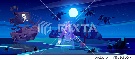 Island with ghost of pirate and broken ship 78693957