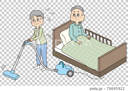 ベッドで寝たきりのシニア男性と掃除をするシニア女性のイラスト素材