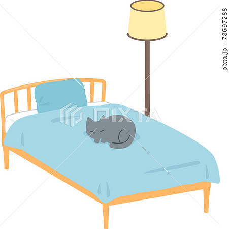 上で猫が寝ているベッドのイラスト素材