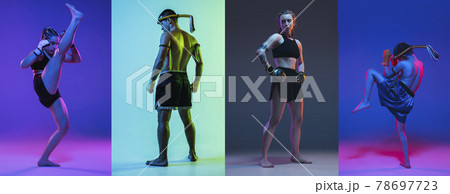 Men against women. Young MMA fighters practicing isolated over gray purple background in neon light. Flyer Men against women. Young MMA fighters practicing isolated over gray purple background in neon light. Flyer 78697723