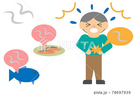 アニサキスと魚や切り身のアニサキスとアニサキスで腹痛を起こしている人のセット 78697939