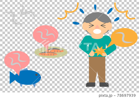 アニサキスと魚や切り身のアニサキスとアニサキスで腹痛を起こしている人のセット 78697939