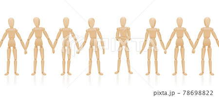 Human chain with maverick figure who does not hold hands. Symbol for refuser, outsider, denier, loner, contrarian, lateral thinker, protester, individualist, downshifter, dropout. Human chain with maverick figure who does not hold hands. Symbol for refuser, outsider, denier, loner, contrarian, lateral thinker, protester, individualist, downshifter, dropout. 78698822