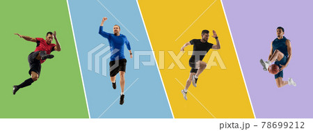Collage of different professional sportsmen, fit people isolated on color background. Flyer. Collage of different professional sportsmen, fit people isolated on color background. Flyer. 78699212