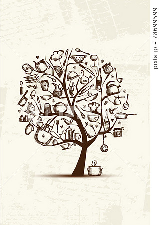 Art tree with kitchen utensils, sketch drawing for your design Art tree with kitchen utensils, sketch drawing for your design 78699599