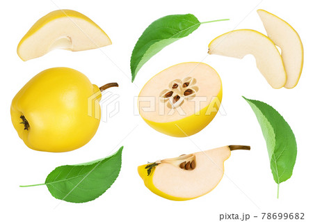 Fresh quince with half and slices isolated on the white background with clipping path and full depth of field. Top view. Flat lay Fresh quince with half and slices isolated on the white background with clipping path and full depth of field. Top view. Flat lay 78699682