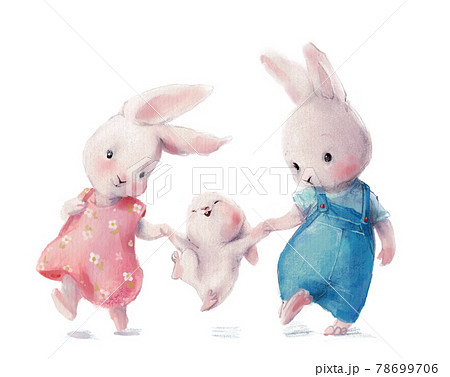 cute watercolor hare's family - mom dad and baby 78699706