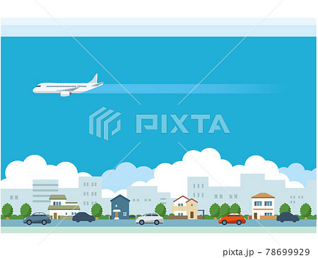 飛行機と街並みのイラスト素材のイラスト素材