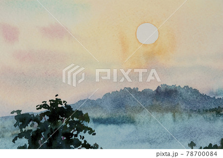 Watercolor Painting Of Mountain Natural Tree のイラスト素材