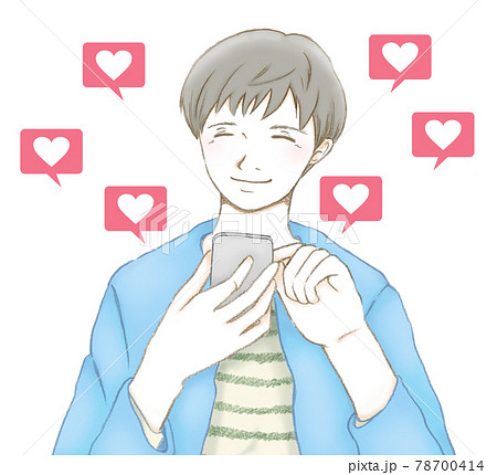 スマホの いいね に喜ぶ笑顔の男性のイラスト素材