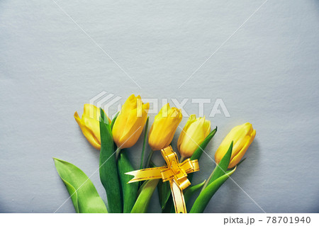 Five yellow tulips on silver grey background with a yellow ribbon and copy space 78701940