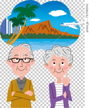 シニア夫婦が吹き出しでハワイ旅行を思い浮かべているイラストのイラスト素材