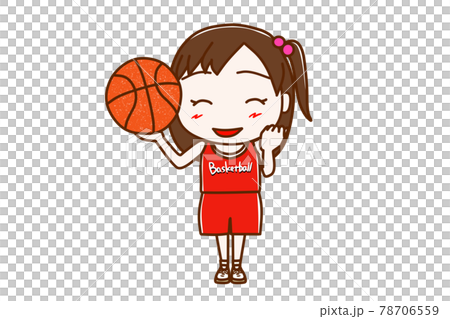 全身 正面 バスケットボールの選手になって笑顔でガッツポーズをする少女のイラスト素材