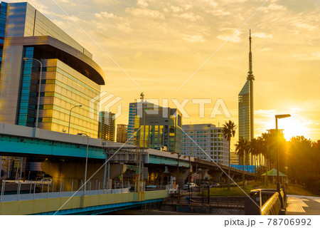 鮮やかな夕暮れの太陽と逆光の福岡タワーと都市高速道路　黄金色強調 78706992