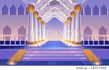 Castle corridor with staircase, columns and arches Castle corridor with staircase, columns and arches 78707099