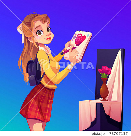 Artist girl paint flowers in vase, workshop studio 78707157