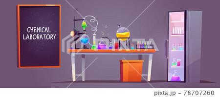 Chemical laboratory interior with glass flasks Chemical laboratory interior with glass flasks 78707260