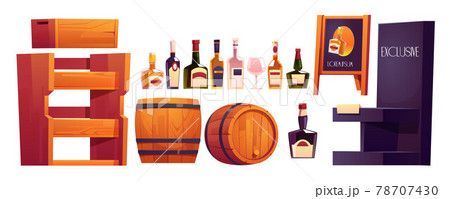 Bottles with alcohol, wooden shelves and barrel 78707430