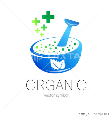 Organic vector symbol in blue color. Concept logo with green cross for business. Herbal sign for medicine, homeopathy, therapy and pharmacy. Emblem with mortar, leaf and pestle on white background. 78708363